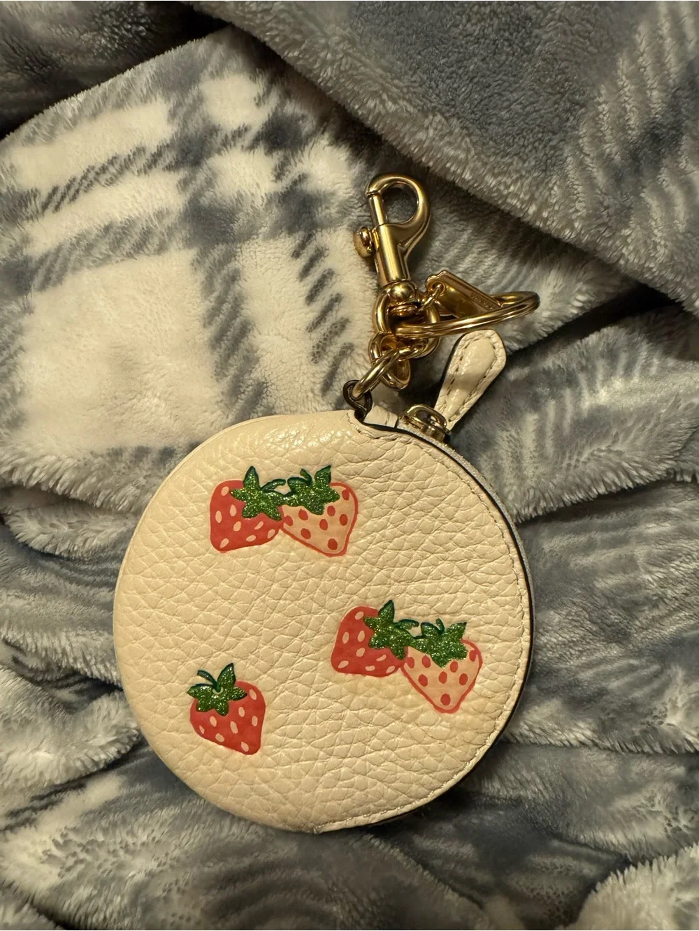 Coach Cream Strawberry Round Coin Case Keychain